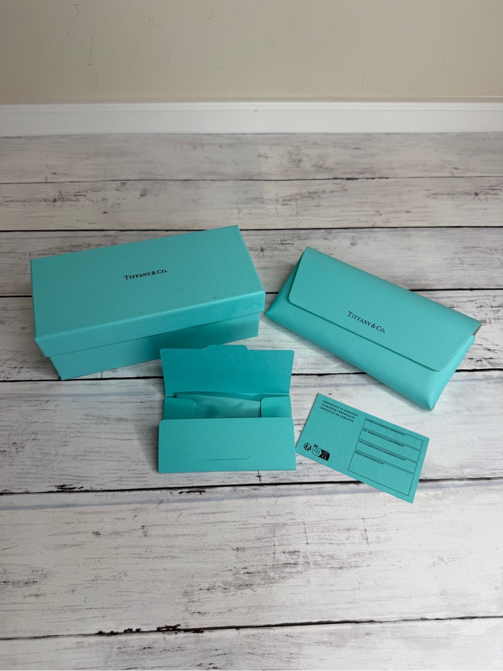 Tiffany and Co glasses case, box, envelope, cleaning cloth